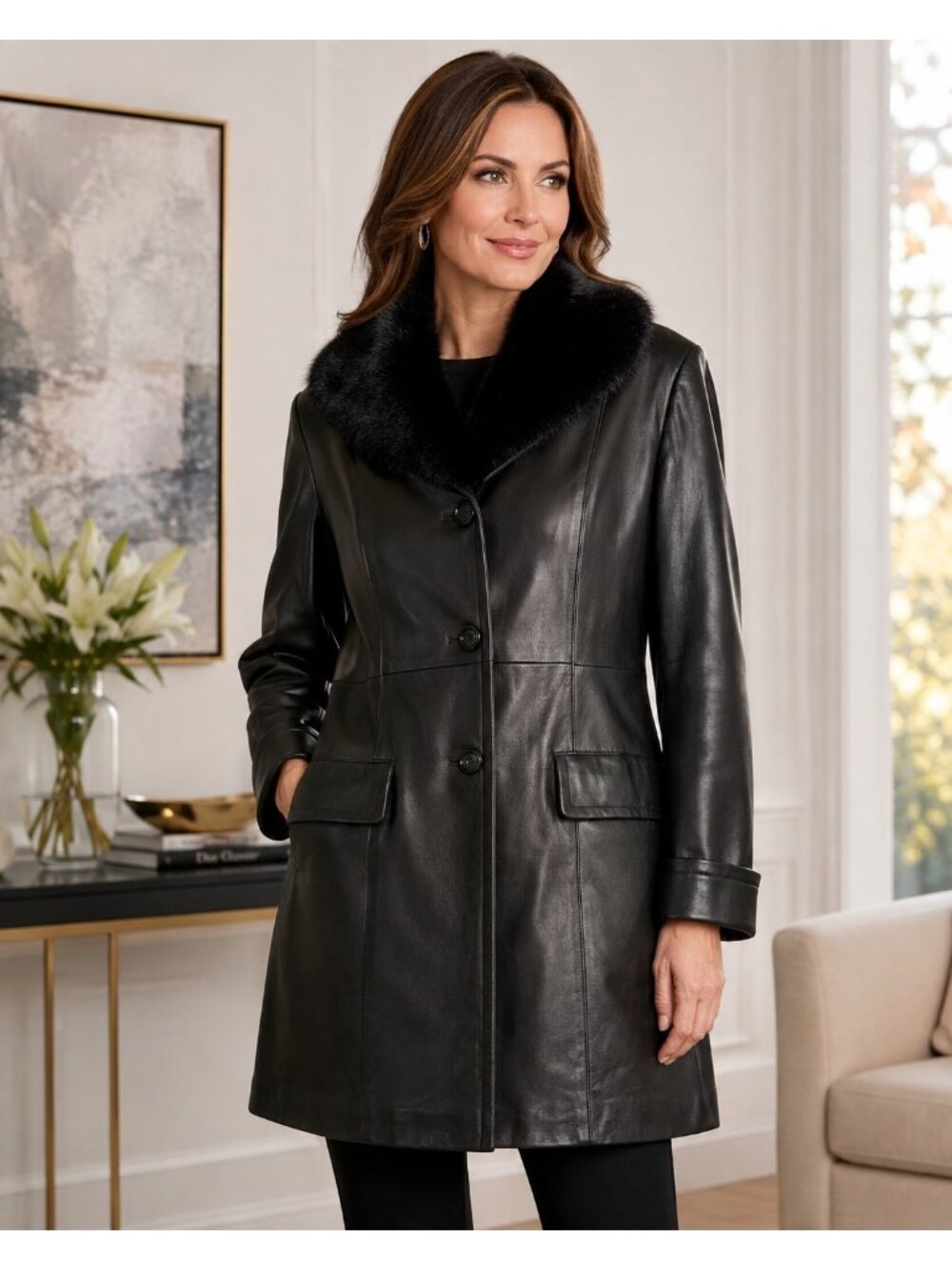 VTG Dennis Basso Black Insulated Leather Coat Detachable Fur Collar Women S